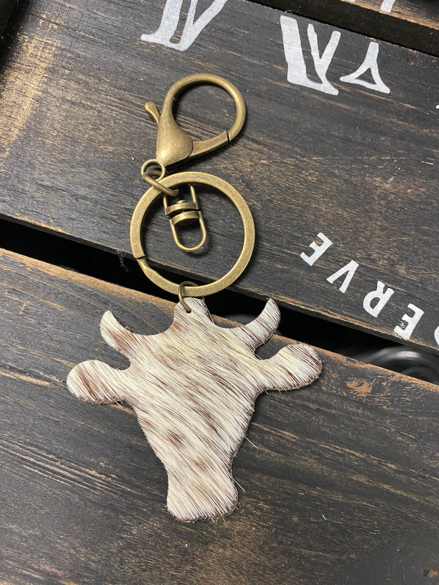 Brown & White Blended Cow shaped Cowhide Keychain