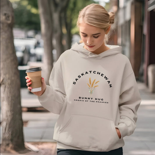 Beige Saskatchewan Bunny Hug hoodie with wheat design, cozy prairie hoodie sweatshirt for women, Canadian prairie lifestyle clothing