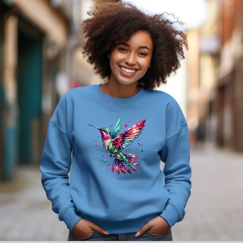 Person wearing a blue sweatshirt with a colorful hummingbird design in an urban setting