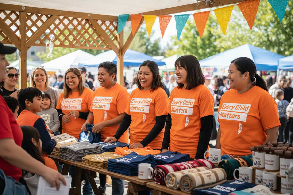Joyful community fundraiser scene at a local event table or market. Volunteers wearing matching t-shirts with simple printed fundraiser logos, surrounded by displayed shirts, mugs, and blankets. Soft natural lighting, approachable atmosphere, bright and cheerful but still cohesive with the other images. Lets make the fundraiser for Every Child Matters.