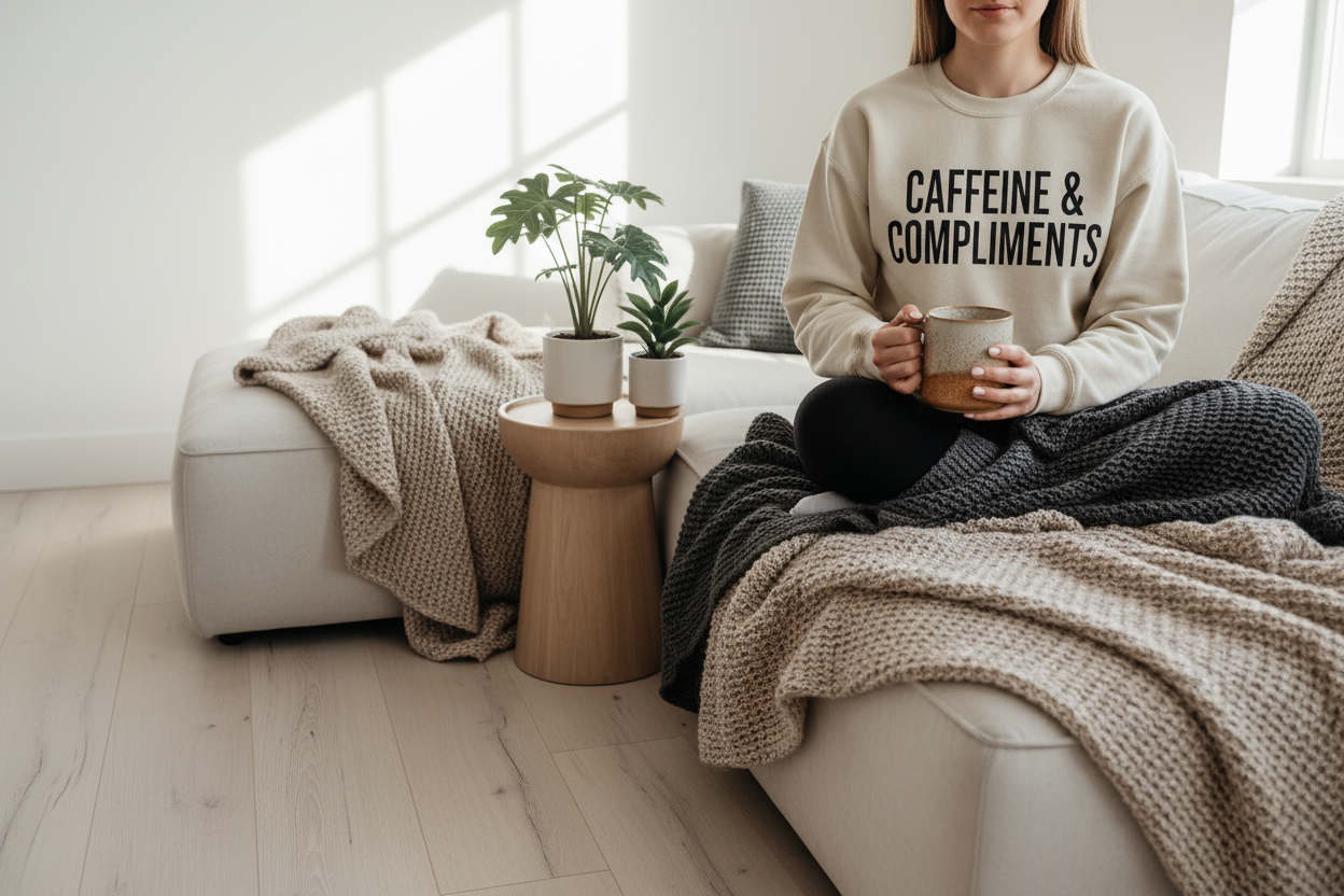 Young woman sitting on a cozy couch wearing a witty graphic sweatshirt and holding a mug without showing her face, surrounded by blankets and plants, relaxed and modern, background needs to work well with simple modern black fine lined writing, we need the writing to be able to pop, so less busy and color tones that allow the font to show up bold and bright, styled like a boutique lifestyle photo for a Shopify banner.